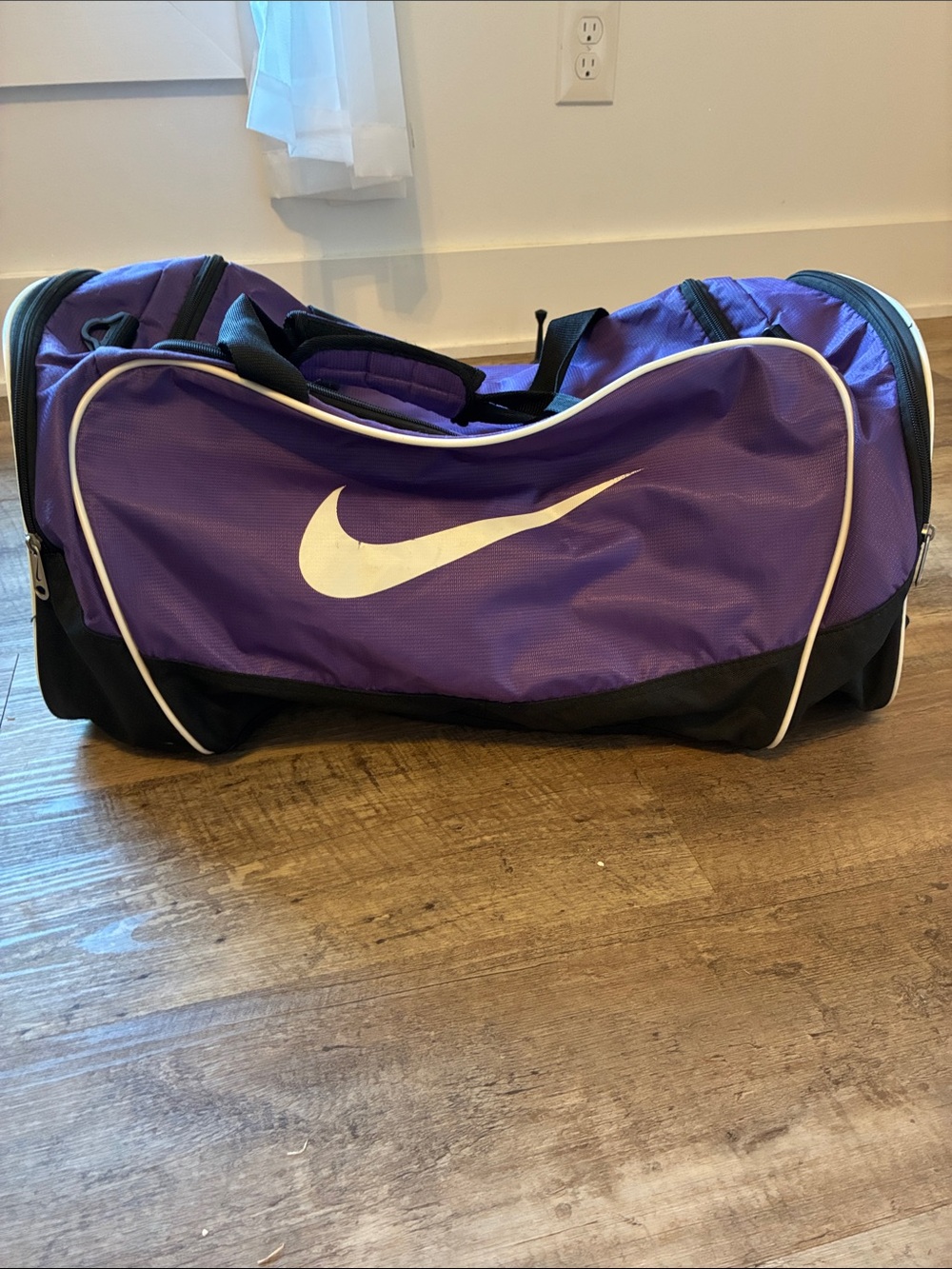 Nike Purple and Black Swoosh Duffel with White Trim